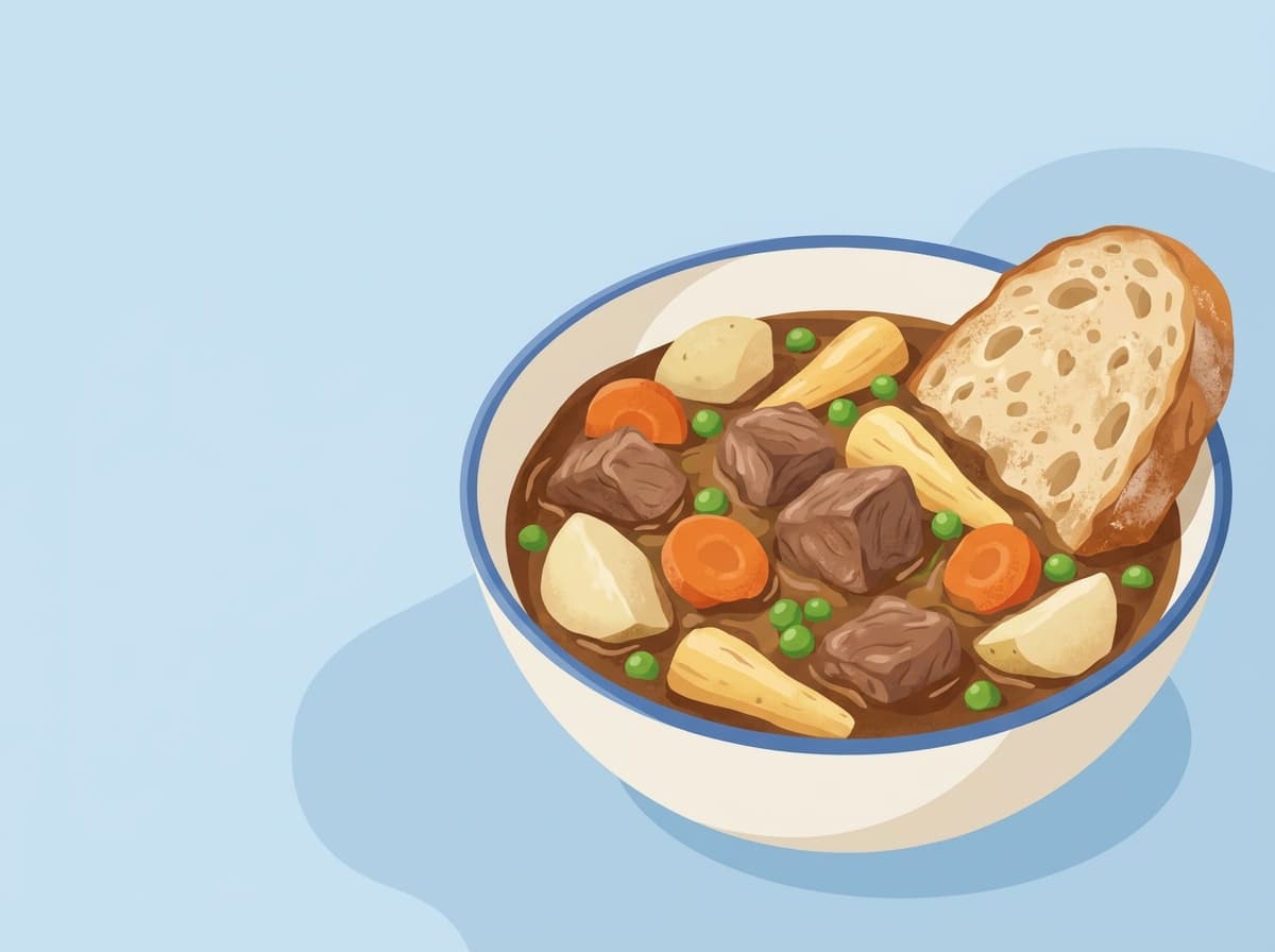 A bowl of lamb stew with carrots, potatoes and peas
