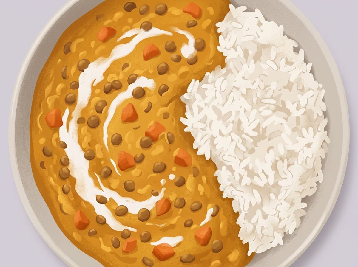 A bowl of thick lentil curry with rice