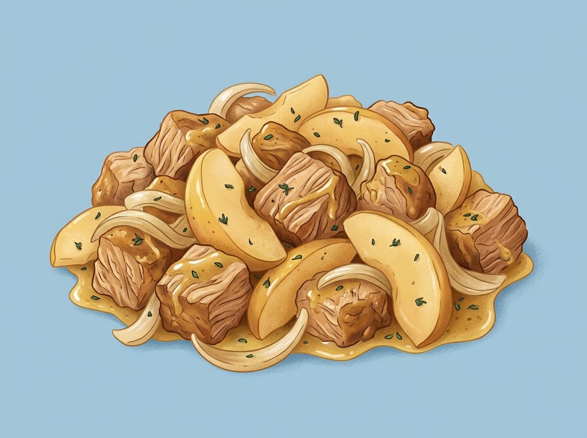 Chunks of pork and apple wedges in a creamy mustard sauce