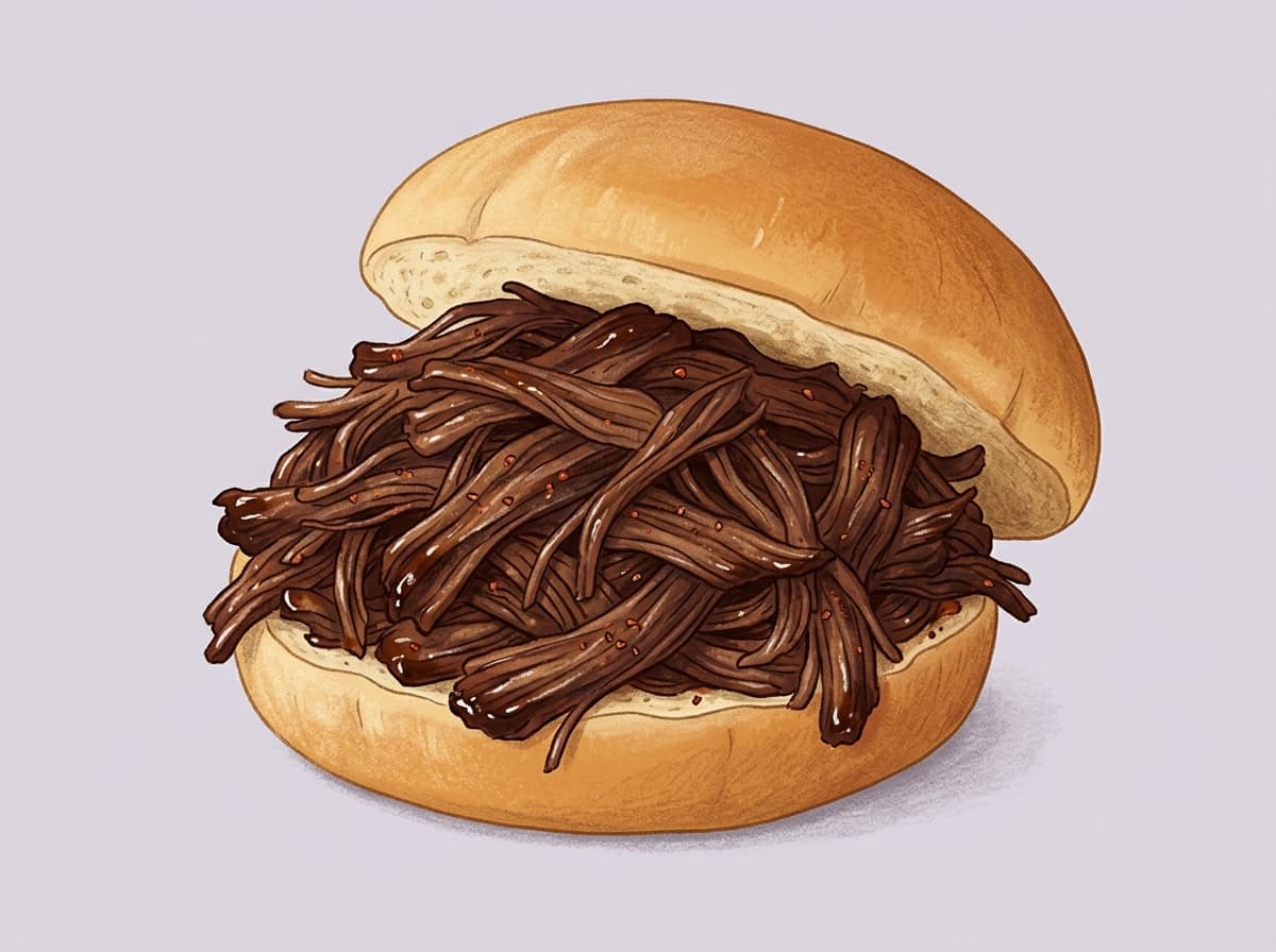 Shredded sticky beef piled into a soft bread roll
