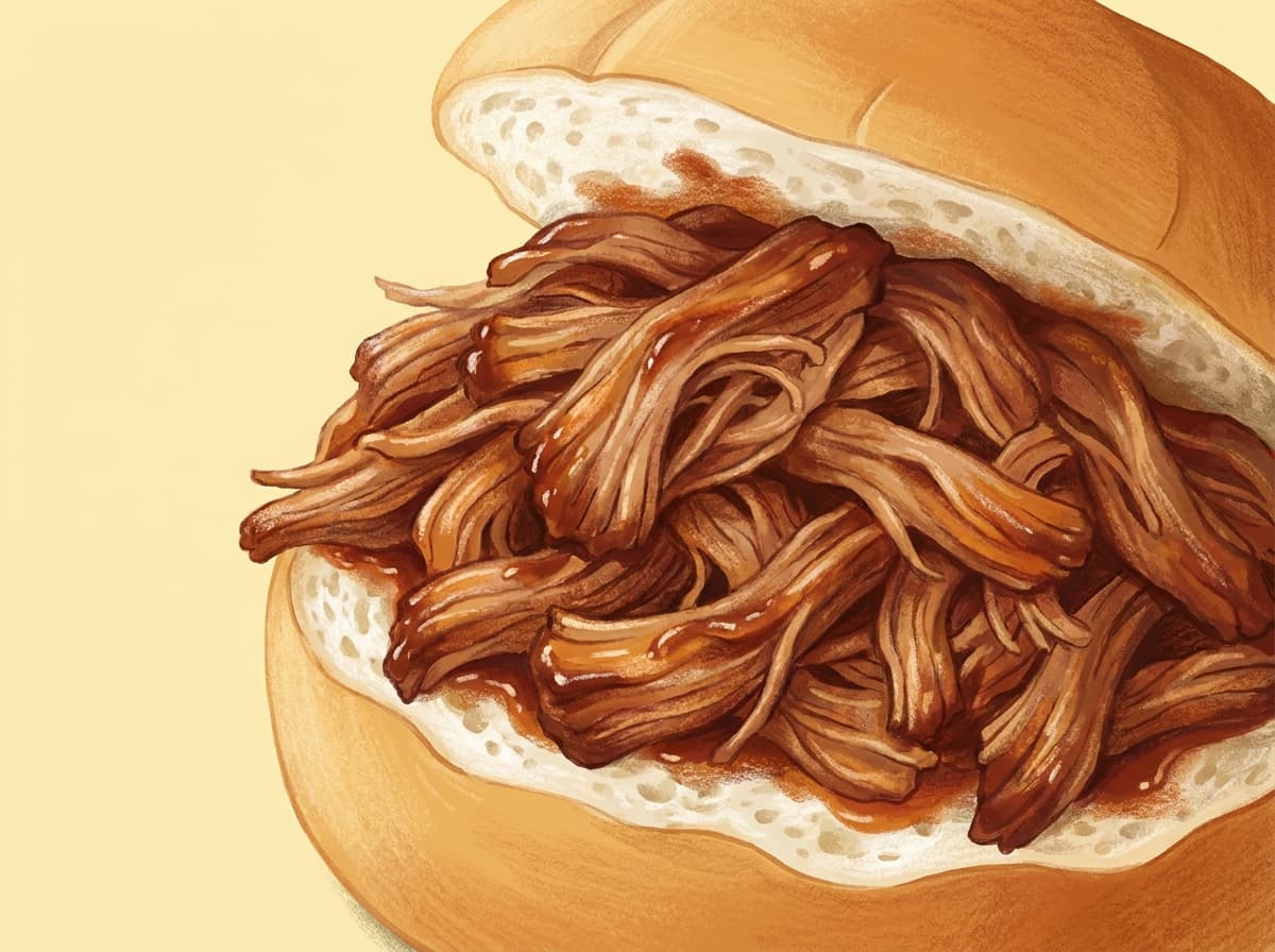 Shredded pulled pork in a soft bread roll