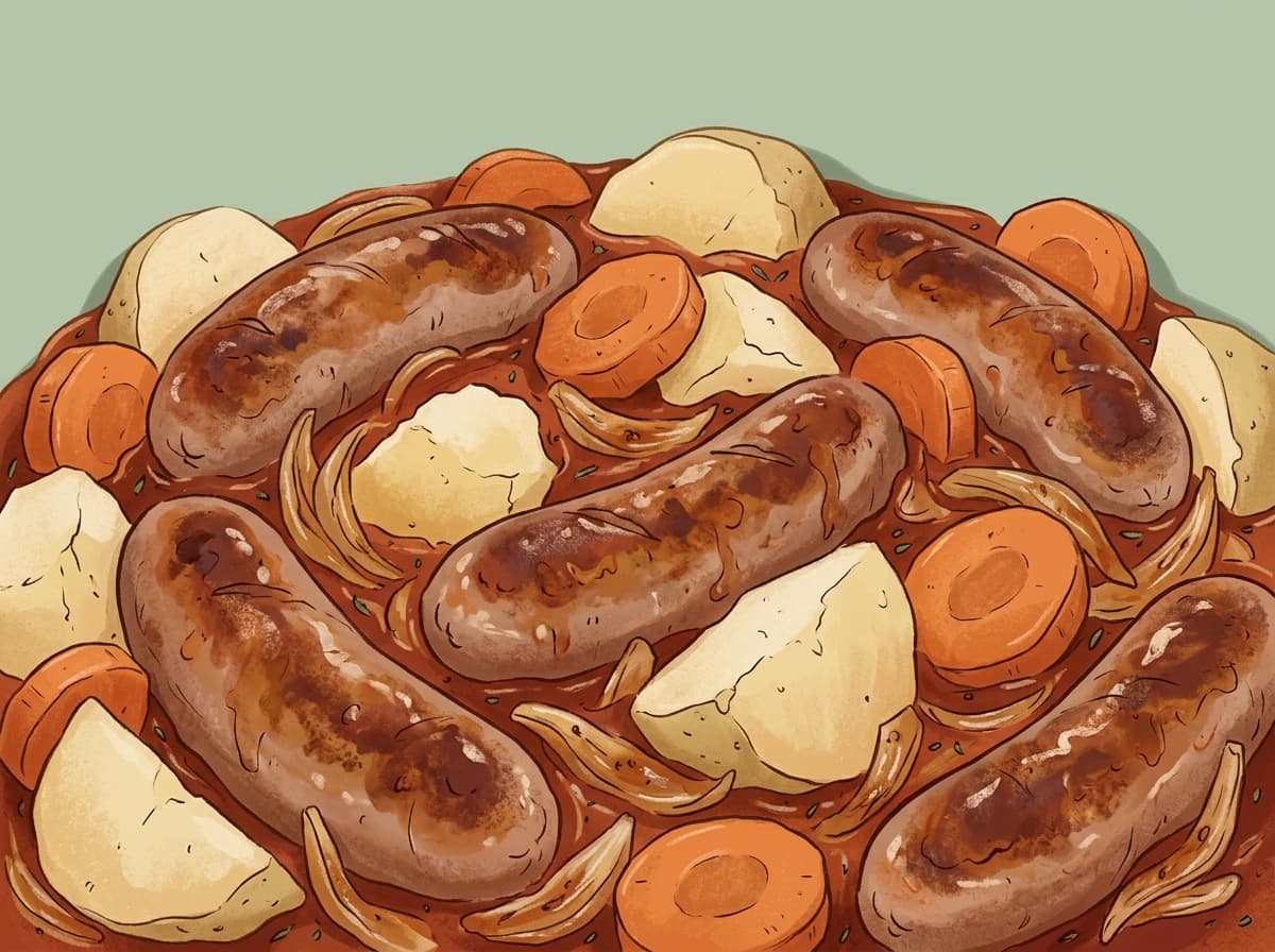 Whole sausages with potato and carrot in a rich tomato gravy