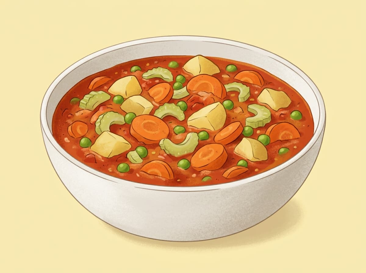 A bowl of chunky vegetable soup with carrots, potato and peas