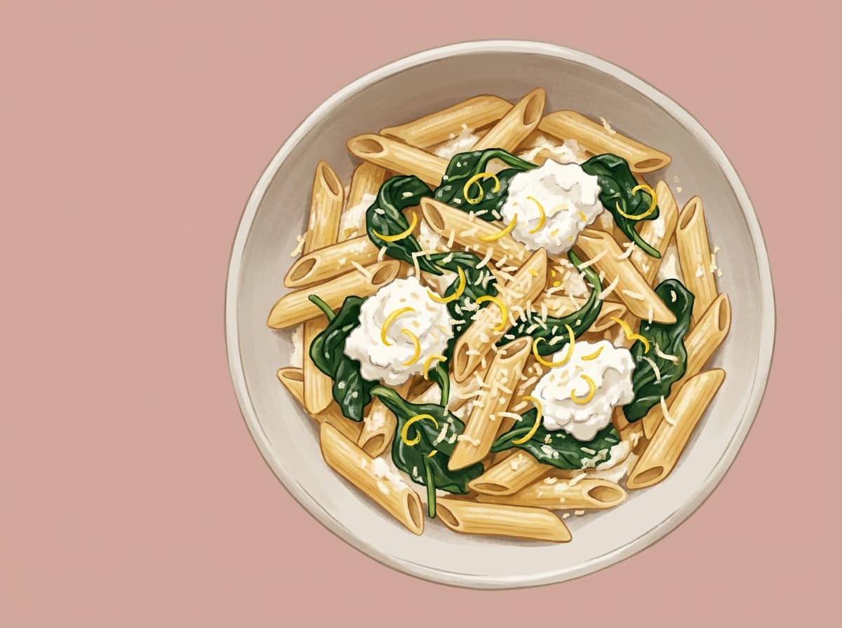 A bowl of spinach and ricotta pasta with parmesan