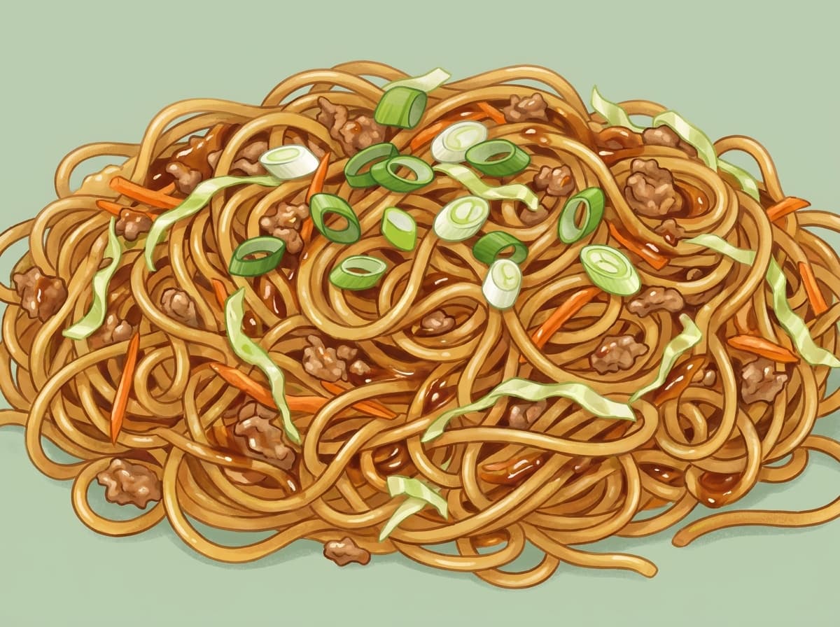 Bowl of egg noodles with sticky pork mince, cabbage and spring onion