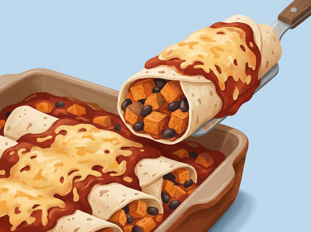 Baked enchiladas filled with sweet potato and black beans, topped with melted cheese