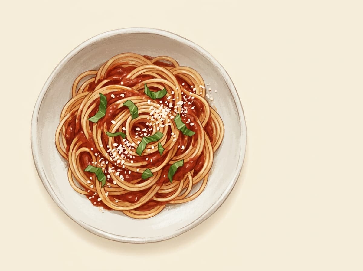 A bowl of tomato basil pasta with fresh basil leaves